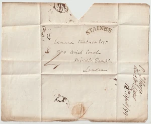 1799 CURVED STAINES & A OUTSIDE RIM LONDON ARRIVAL POSTMARKS WRAPPER E CHALMER - Picture 1 of 2
