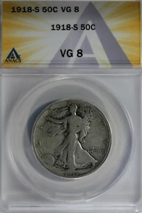 1918-S 50C ANACS VG8 Walking Liberty, Lady Liberty Half, 0.50 - Picture 1 of 2
