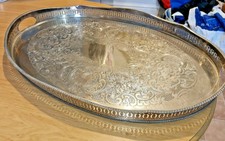 SUPERB LARGE SILVER PLATED ON COPPER BUN FOOTED GALLERY TRAY / RISE & FALL 61CM