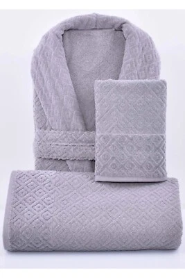 Nehir'in Gray Full Jacquard Bathrobe-Standart Size -100% Premium Turkish Cotton - Image 1 of 4