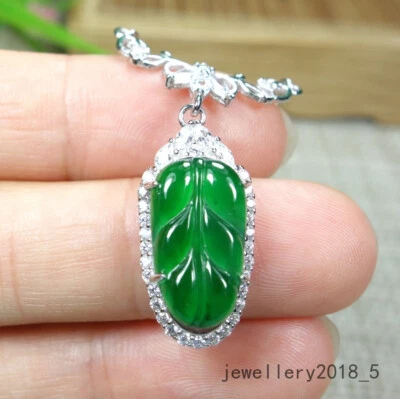Сертифицированный ледяной зеленый Бирма 100% натуральный жадеит нефрит подвеска ожерелье ~ лист 叶子 事业有成 - Изображение 1 из 4