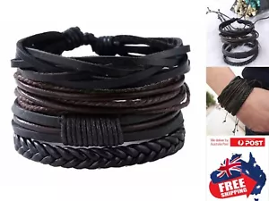 Fashion Mens PU Leather Bracelet Adjustable Wristband Braided Rope Wrap 1 Set - Picture 1 of 1