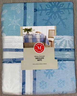 Christmas Fabric Tablecloth Blue Plaid Snowflakes Cotton Blend 60x102 Martha Ste - Image 1 of 3