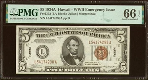 1934A Hawaii $5 FR# 2302 PMG 66 EPQ WWII Emergency Issue FRN FR.2302 PQ - Picture 1 of 2