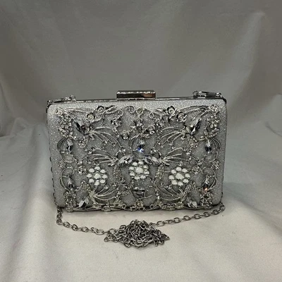 Bolso de Mano Tono Plateado Metal Transparente Estrás Cristal Diseñador CEM Foto 1 de 4