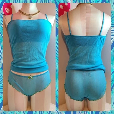 Conjunto de cami/panty de malla elástica transparente Victoria's Secret de colección talla M/L azul Foto 1 de 4