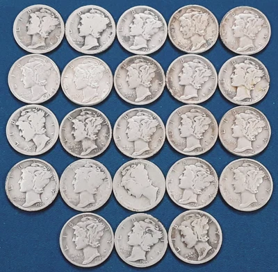 BOM lote de 23 centavos de mercúrio! Moedas de dez centavos de prata 90%! Não há muitos anos duplicados!!! L102 - Imagem 1 de 3