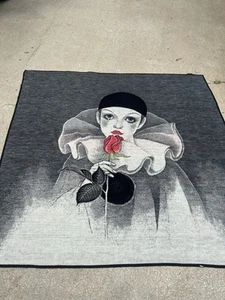 Vtg Biederlack Throw Blanket Harlequin Sad Clown Woman Rose Pierrot Reversible - Picture 1 of 7