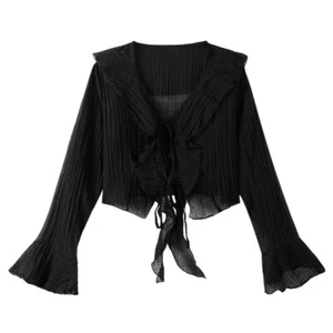 Women Flare Sleeve Chiffon Blouse Gothic V-neck Lace-up Cardigan Thin Top Ruffle - Picture 1 of 17