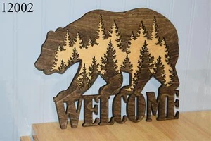 Rustic Bear with Wilderness Welcome Sign Laser Cut Dark Walnut and Golden Oak - Picture 1 of 7