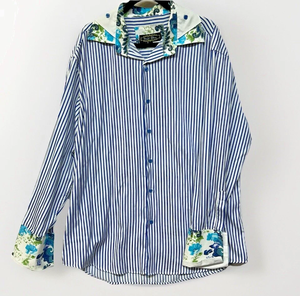 Мужской двойной воротник Daniel Ellissa XXL в королевские синие полоски с узором пейсли - Изображение 1 из 4