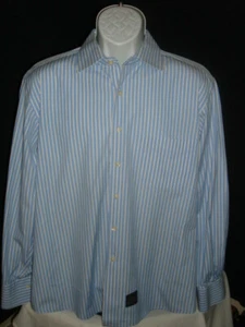 SACOOR BROTHERS BLUE/WHITE STRIPED 100% COTTON L/S DRESS SHIRT SZ. 16.5 - Picture 1 of 8