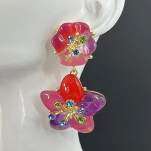 Gripoix Stil Blume Ohrringe durchbohrt rosa lila Lucite goldfarben Statement - Bild 1 von 8