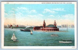 CHICAGO ILLINOIS 1920 PUERTO EXTERIOR RECREACIÓN MUELLE VAPOR VELEROS POSTAL - Imagen 1 de 2
