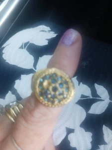 Vintage Cocktailring goldfarben mit blauen Kristallsteinen einer fehlt 6,5 - Bild 1 von 5