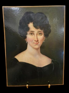 Antigua pintura al óleo sobre lienzo mujer joven retrato escuela francesa siglo XIX - Imagen 1 de 7