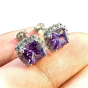 Purple Amethyst Earrings Sterling Silver 925 Stud Earrings for Women lab-created - Picture 1 of 10