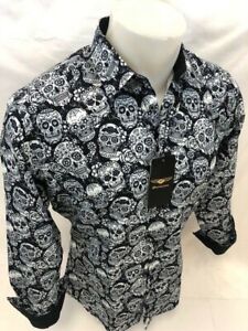 Mens PREMIERE Long Sleeve Button Down Dress Shirt BLACK WHITE ABSTRACT SKULL 127