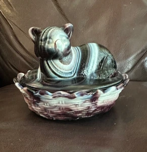 Vintage WESTMORELAND - Milk & Purple SLAG GLASS 2-PIECE CAT DISH - Excellent! - Bild 1 von 7