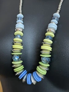 Chunky Blue & Mint Green Disc & Crystal Bead Long Necklace 107 Statement - Picture 1 of 9