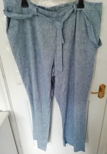 Bon Marche 22 Light Blue Linen Viscose Mix Trousers Wide Leg Tie Belt Pockets - Picture 1 of 10