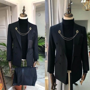 Herrenanzug Tweed-Stoff Schwarze Jacke Blazer Smoking Sakko Freizeit Custom - Picture 1 of 9