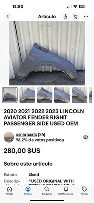 Guardabarros Lincoln Aviator 2020 2021 2022 2023 lado derecho del pasajero usado OEM Foto 1 de 4