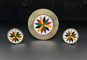 Vintage Set Pennsylvania Dutch Enamel Hex Sign Brooch and Clip-On Earrings Folk - Picture 1 of 4