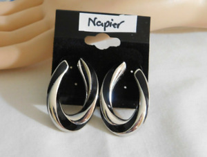 Napier Pierced Earrings, Black and Silver, Signed