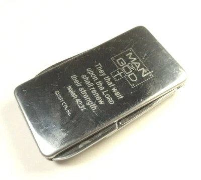 CUCHILLO MULTIHERRAMIENTA HOMBRE DE DIOS CLIP DINERO TIJERAS HOJA ISAIAH 40:31 TONO PLATA  Foto 1 de 4