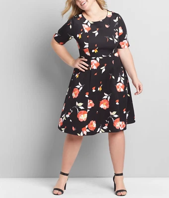 LANE BRYANT BLACK FLORAL ROUND NECK ELBOW SLEEVE FIT & FLARE DRESS PLUS Sz 22/24 - Image 1 of 3