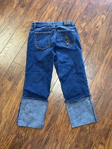 Baby Phat Damen Größe 14 Flipped Manschette Croped Jeans Blau Denim Caprihose - Bild 1 von 7