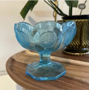 Vtg Fostoria Glass Coin Dot Aqua Blue Compote Turquoise Pedestal Candy Dish - Picture 1 of 9
