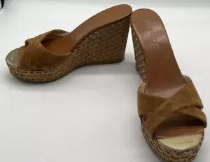 Jimmy Choo Brown Suede Strappy Mule Wedge Sandal w/ Gold Tone Toe sz 38.5 - Picture 1 of 5