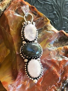 Three Stone Labradorite and Rose Quartz Pendant 2.5" Artisan Southwest - Picture 1 of 3