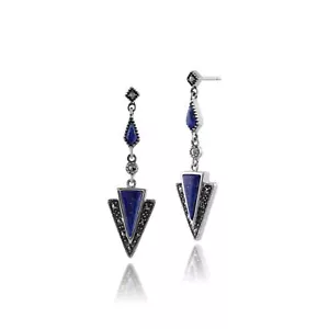 Art Déco Estilo Lapis Lazuli & Marcasita Gota Pendientes En Plata de Ley - Imagen 1 de 3