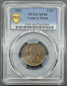 1806 Large 6 Stems PCGS XF40 Draped Bust Half Cent 1c - Circulated Original - Picture 1 of 3