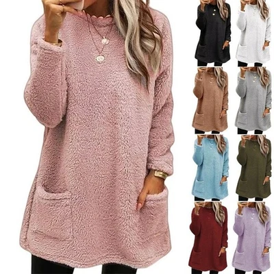 Womens Winter Fluffy Fur Teddy Bear Fleece Jumper Sweatshirt Long Tops Plus Size - Image 1 of 4