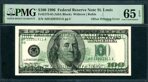 US FED RES NOTE $100 SERIES 1996 FR# 2175-H WITHROW RUBIN OFFSET PMG 65 EPQ A68 - Picture 1 of 2