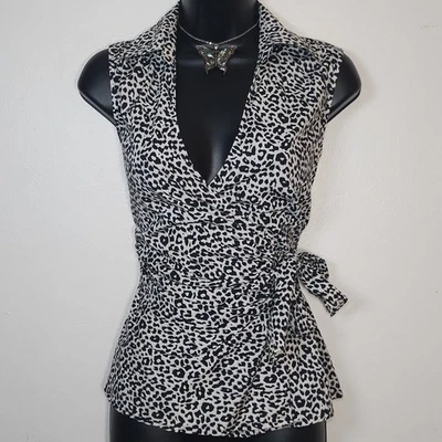 vintage y2k express leopard print deep v true wrap bow top sz s gyaru mcbling - Image 1 of 4