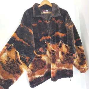 MAZMANIA XL WOLF Fleece Jacket Full Zip USA Black Rust Vintage Pockets Outdoors - Picture 1 of 15
