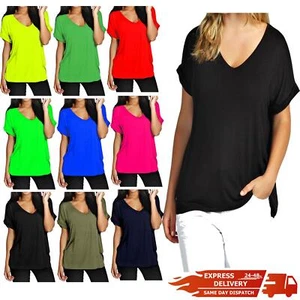 Womens Ladies Plain V Neck Batwing Baggy Oversized Turn Up Sleeve T Shirt Top - Picture 1 of 13