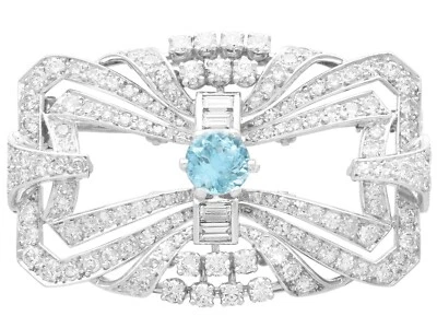 Broche aguamarina de 1,05 quilates y diamantes y platino de 4,38 quilates - francés vintage Foto 1 de 4