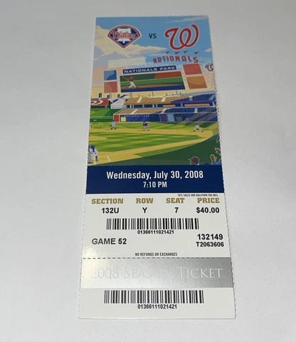 Philadelphia Phillies Vs Washington Nationals Game day ticket Stub. 7/30/2008 Cover