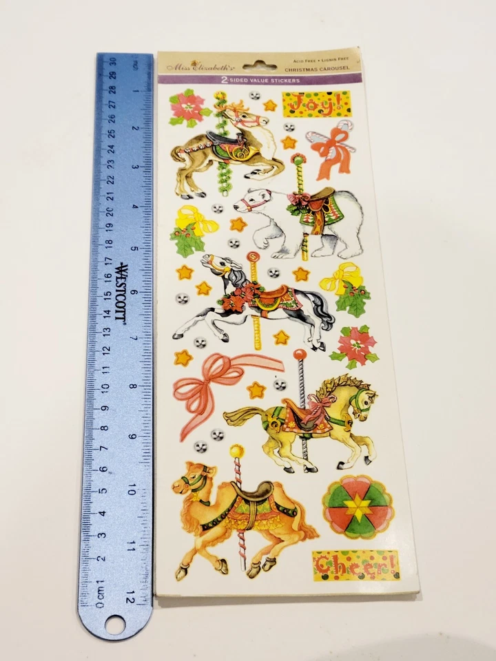 3 ENORMES Hojas de Adhesivos 3 x 12" MISS ELIZABETH'S PEGATINAS Carrusel de Navidad Nuevo de Lote Antiguo Foto 1 de 4