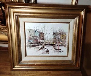 CITY SCENE SCENE SIGNED MORGAN, OIL ON WOOD PAINTING GOLD WOODEN FRAME - Picture 1 of 6