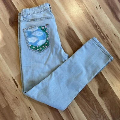 Pantalones de mezclilla Eunina azules desgastados pintados a mano novio tiro bajo talla 3 Foto 1 de 4