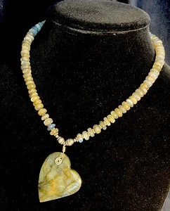 Labradorite Beaded Necklace Natural Heart Pendant Sterling Silver Beads & Clasp - Picture 1 of 7