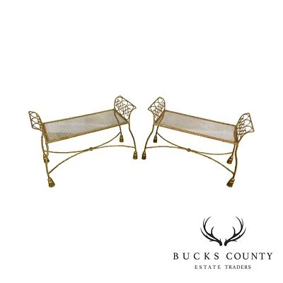 Par de bancos de cuerda y borla de metal dorado italiano vintage años 60 Hollywood Regency Foto 1 de 4