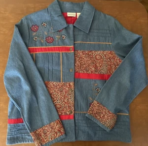 Chaqueta Blazer Denim Floral Rojo Cachemira Med 8/10 Botones Blanco Ciervo Boho Tapiz - Imagen 1 de 7